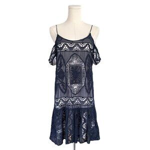 Artelier Nicole Miller Womens La Plage Silk Lace Dress Blue Sz S Knee Length Geo